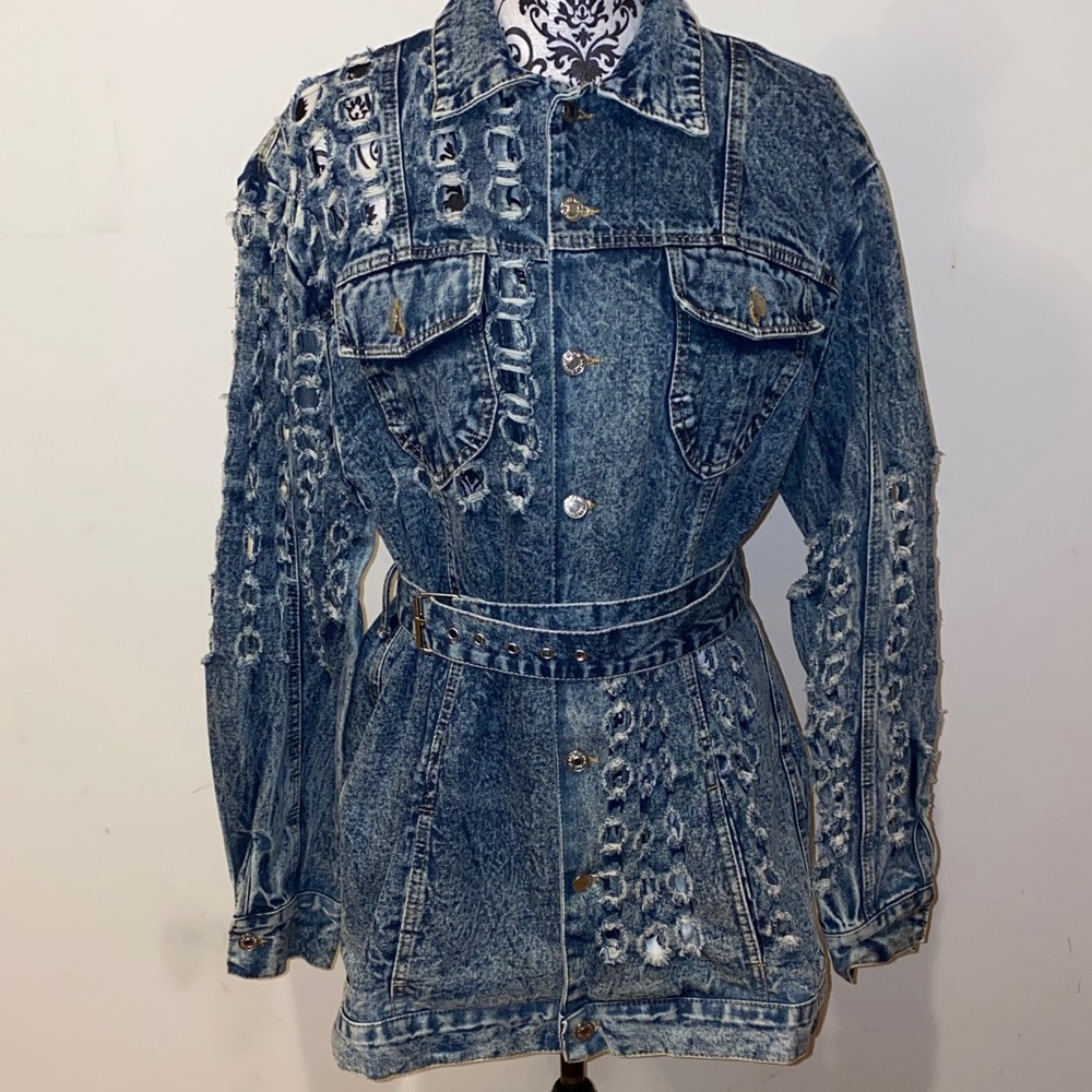 Ma Cherie Denim Distressed Jean Jacket With Belt Mid Length Size Large - Picture 2 of 16